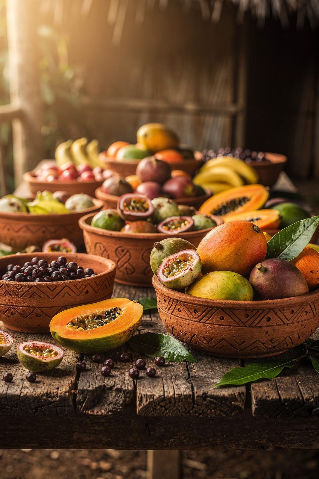 Frutas amazônicas em tigelas de barro sobre a mesa de madeira