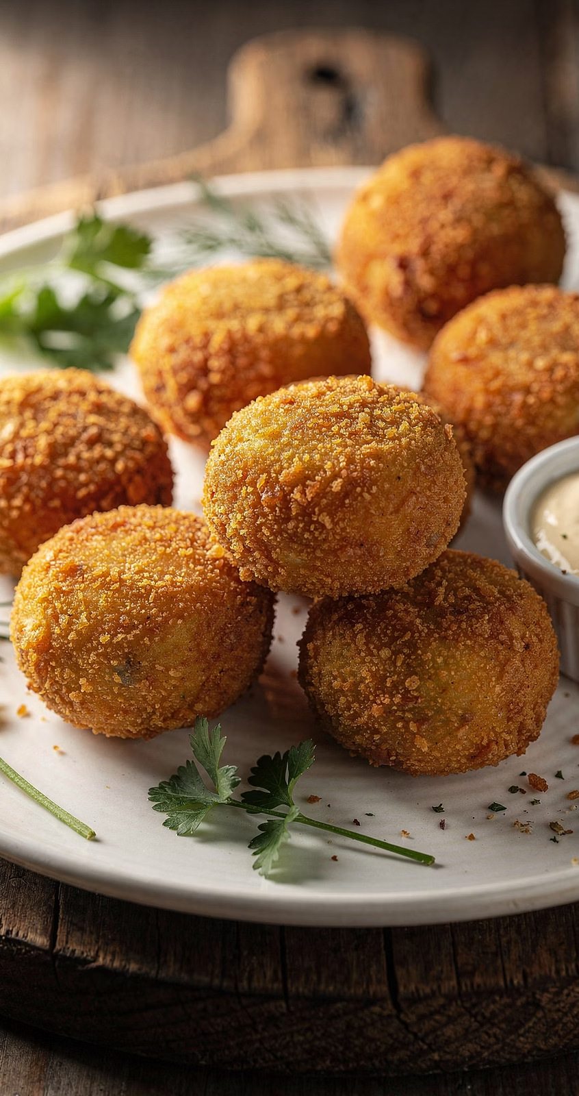 Bolinhos empanados dourados servidos com molho